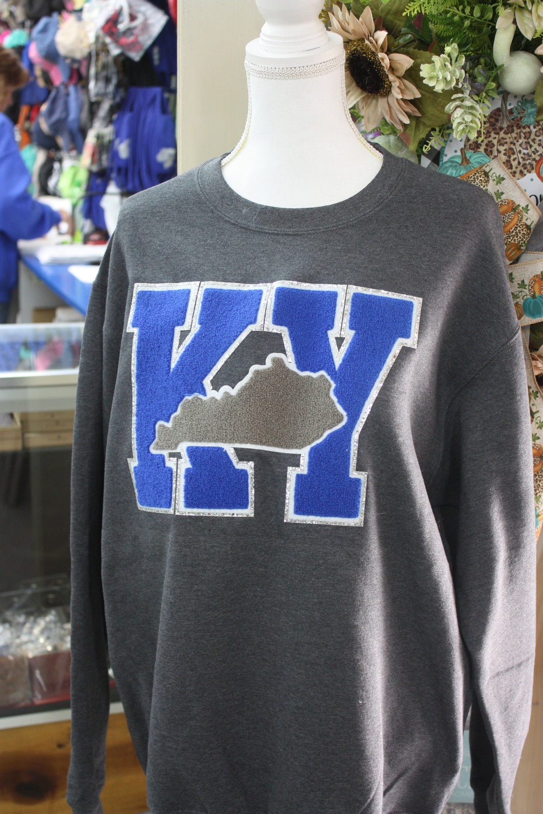 KENTUCKY INSPIRED T-SHIRTS AND GIFTS Grey KY State/BLue KY Letterman