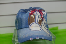 Load image into Gallery viewer, HATS/ MONOGRAM CAPS Ladies Jean Distressed Cap with Farm Horse Detail
