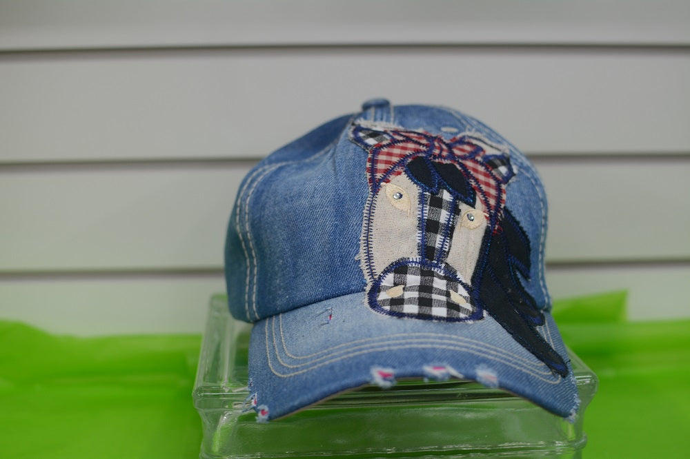 HATS/ MONOGRAM CAPS Ladies Jean Distressed Cap with Farm Horse Detail