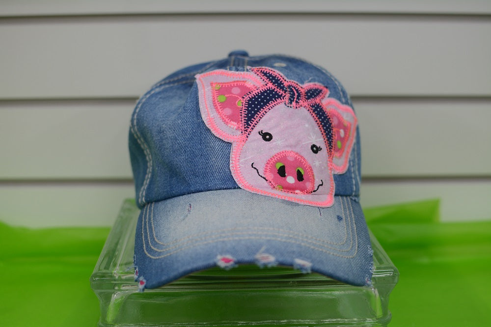 HATS/ MONOGRAM CAPS Ladies Distressed Farm Pig Hat