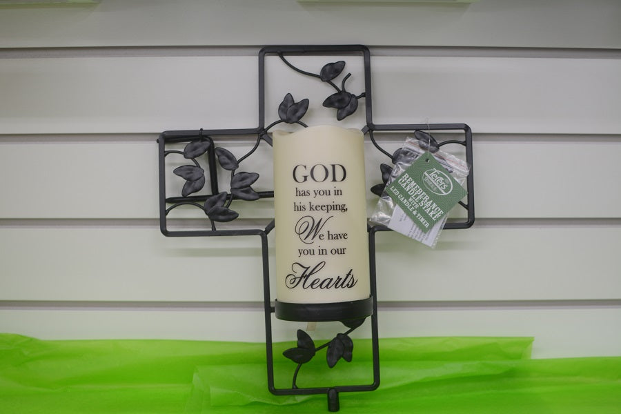 Bereavement Gifts and Quilts Metal Cross Shape LED CandleHolder Memorial Stake God Has You In His Keeping
