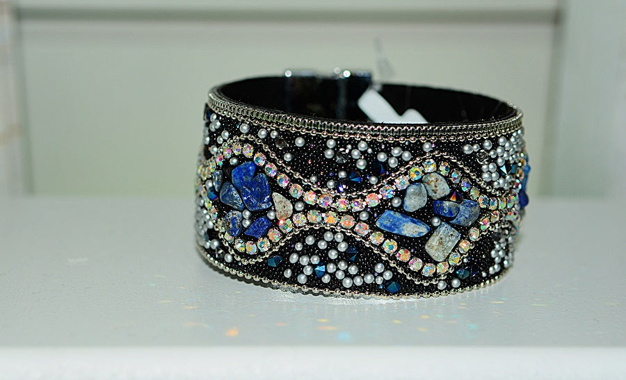JEWLERY Navy Blue Gemstone Beaded Wide Cuff Bracelet