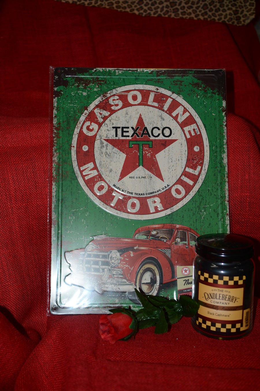 Texaco Moto Oil Metal Sign w/Candleberry Candle & Rose Gift Set