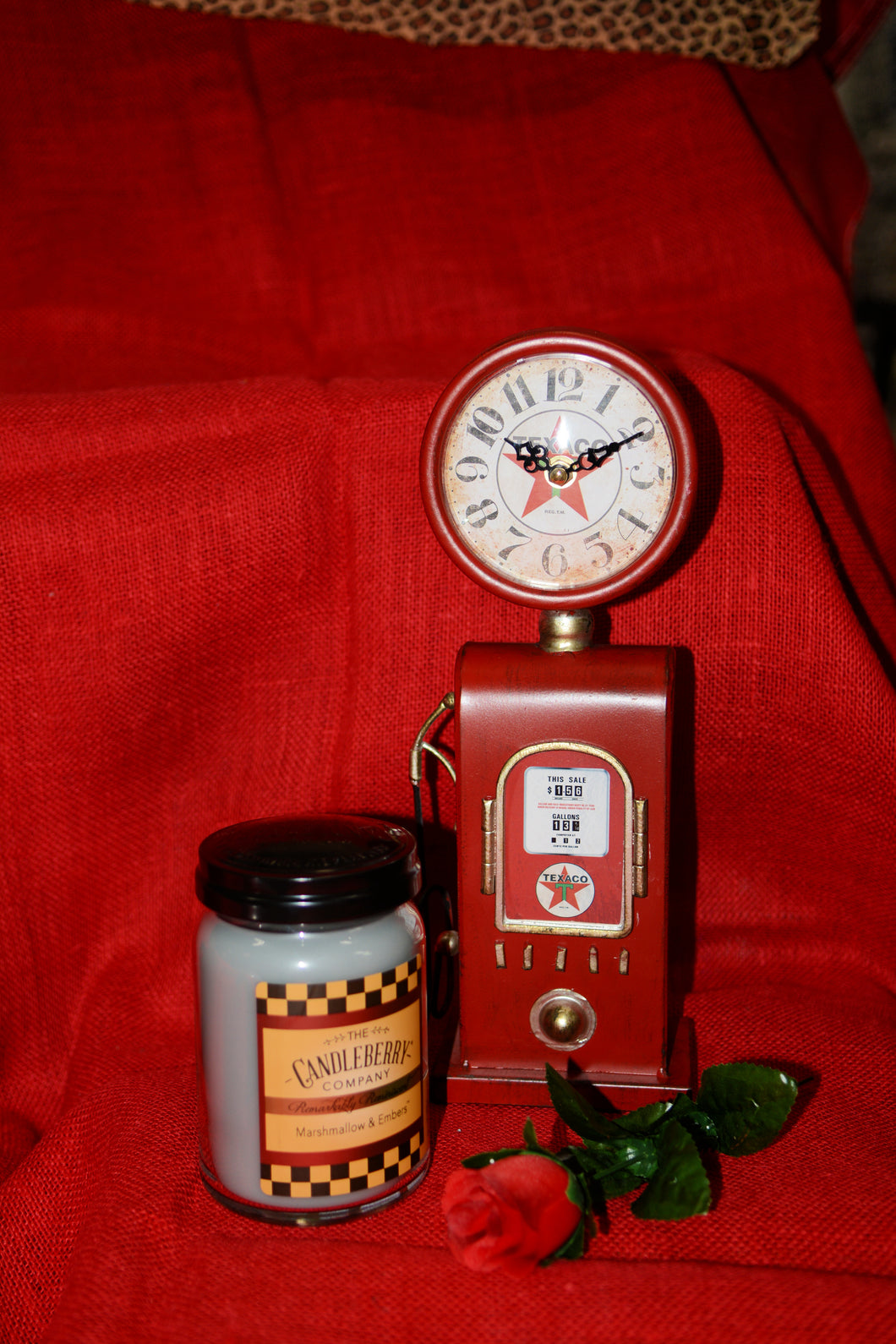 Red Metal Gas Pump Clock w/Candleberry candle & Single Rose