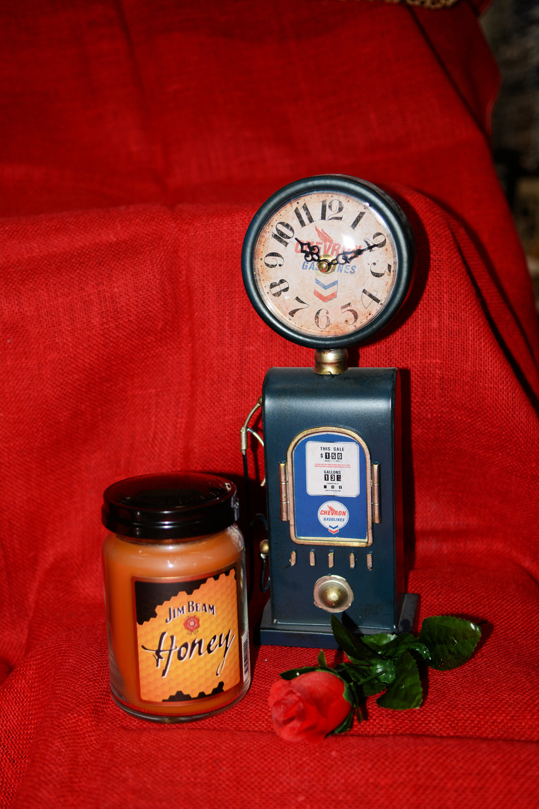 Blue Gas Pump Clock w/Candleberry Candle & Single Rose Set for  Men
