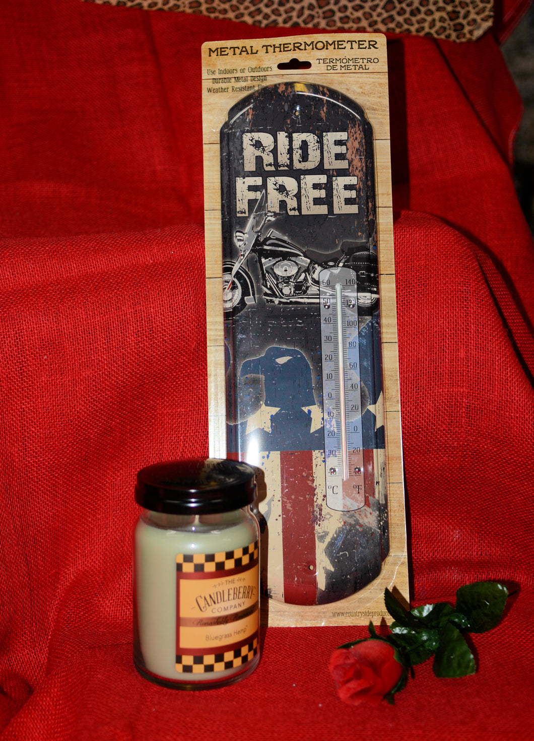 Ride Free Metal Thermometer w/ Candleberry Candle & Rose Set