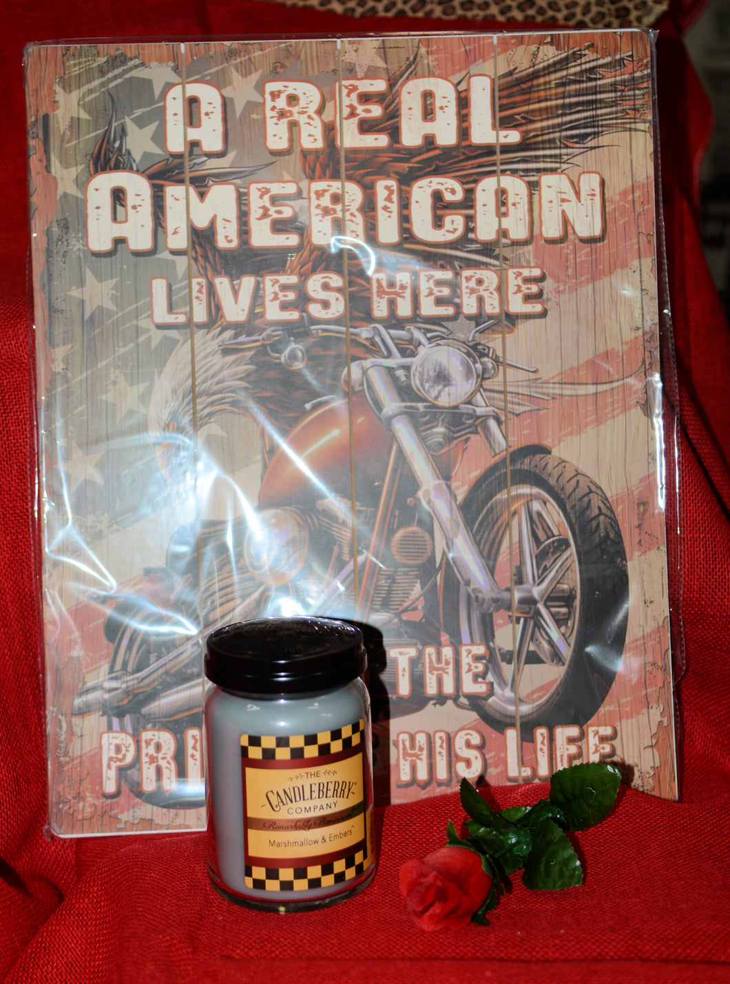 Real American Motorcycle Metal Sign w/Candleberry Candle & Rose