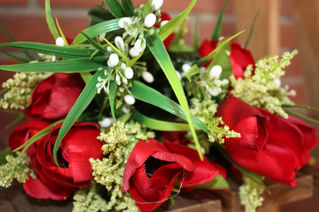 Memorial Cemetery Flowers RED SILK TULIP WITH BABY BREATH