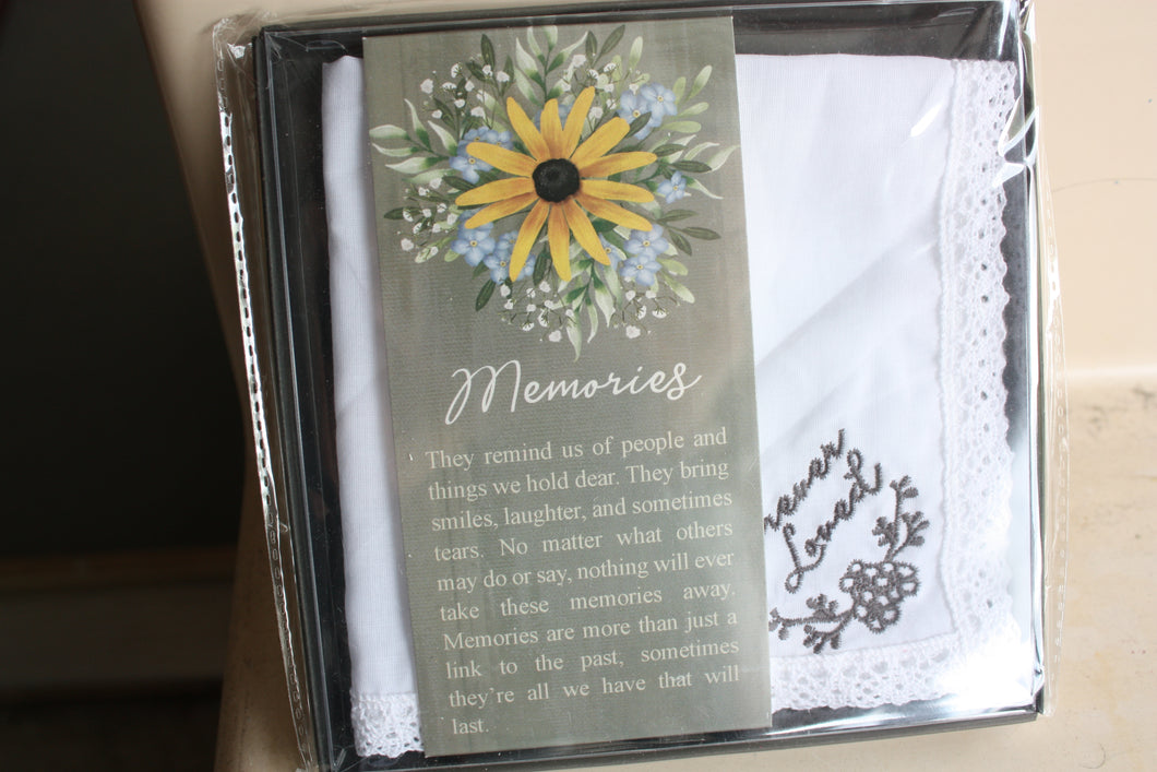 Bereavement Gifts and Quilts  HANDKERCHIEF EMBROIDERED/MEMORIES