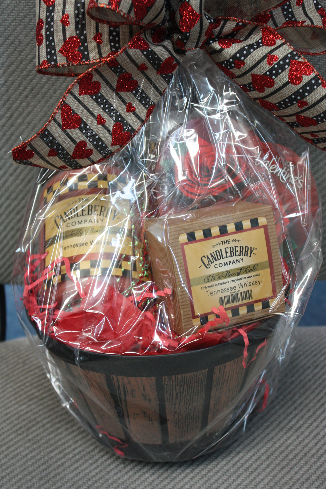 Valentine's Day Whiskey barrel candle basket