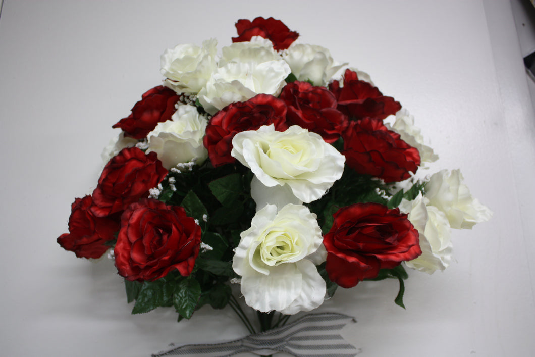 Memorial Cemetery Flowers LARGE OPEN SILK ROSE BUSH/Red/Cream