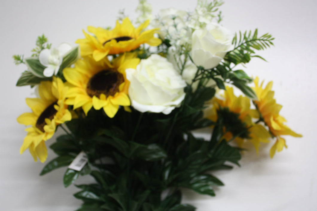 Memorial Cemetery Flowers Sunflower and Rose Bush White